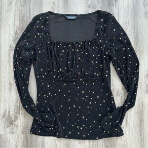 Allegra K Black and Gold Ruched Long Sleeve Blouse Sheer